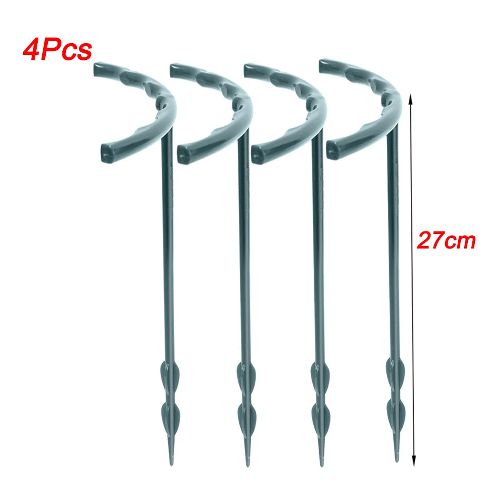 Four curved green plastic ground stakes, each 27cm tall with a screw-like design. The text "4Pcs 27cm" is in red on a white background.