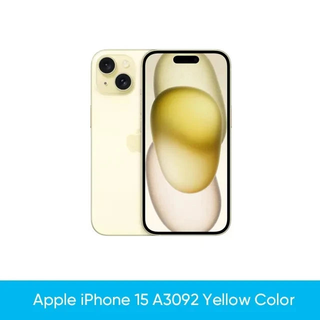 Yellow iPhone 15 A3092 with dual rear cameras, sleek design. Display shows abstract yellow and beige shapes. Text at bottom: "Apple iPhone 15 A3092 Yellow Color."