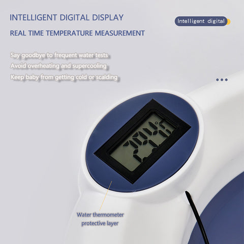 Digital thermometer with protective layer showing 29.4°C on a blue and white surface. Text highlights intelligent display, real-time measurement, and safety for babies against temperature issues.