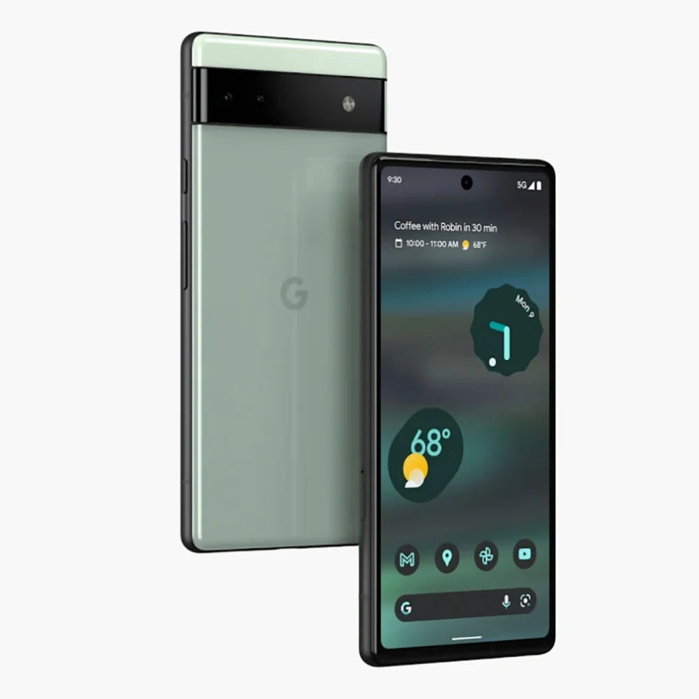 Two smartphones showcasing front and back views. The front displays a weather widget and calendar, while the back shows a dual camera setup with a light green finish.