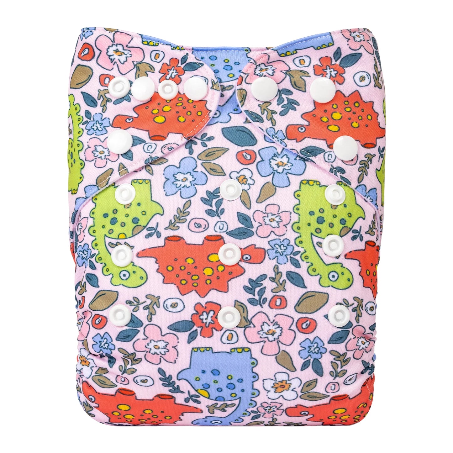 A colorful cloth diaper with a floral and dinosaur pattern. The design includes red, green, and blue dinosaurs on a pink background with various flowers and white snaps.