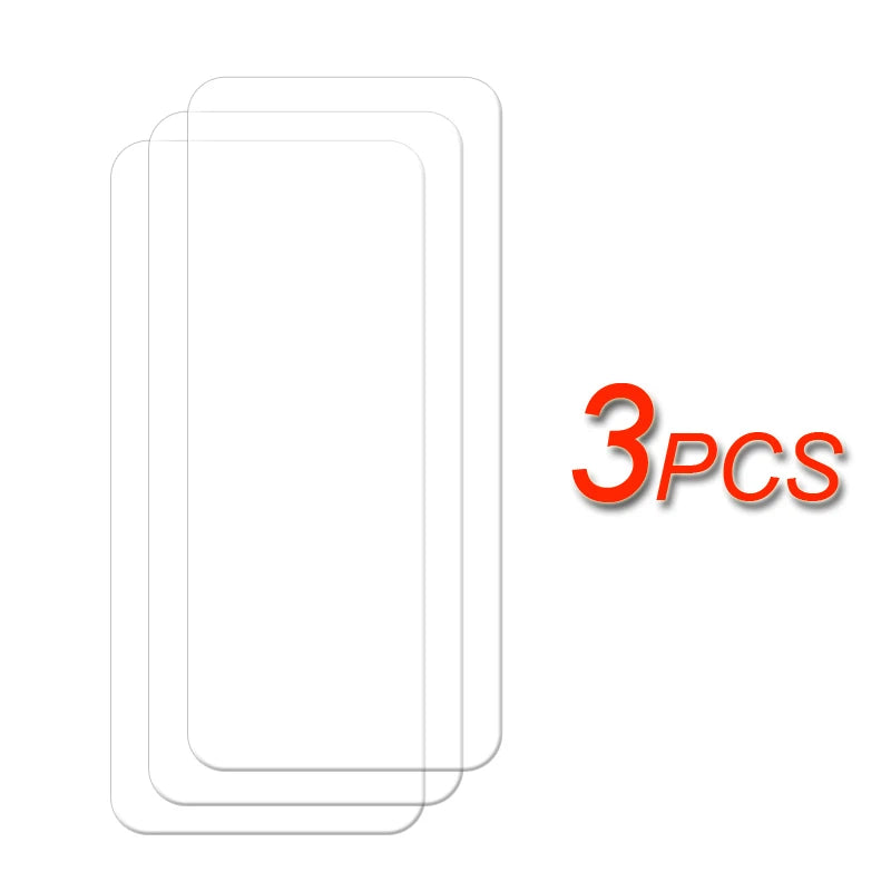 Transparent screen protectors for smartphones, shown as three overlapping rectangles. Red text on the right reads "3 PCS," indicating a set of three pieces.