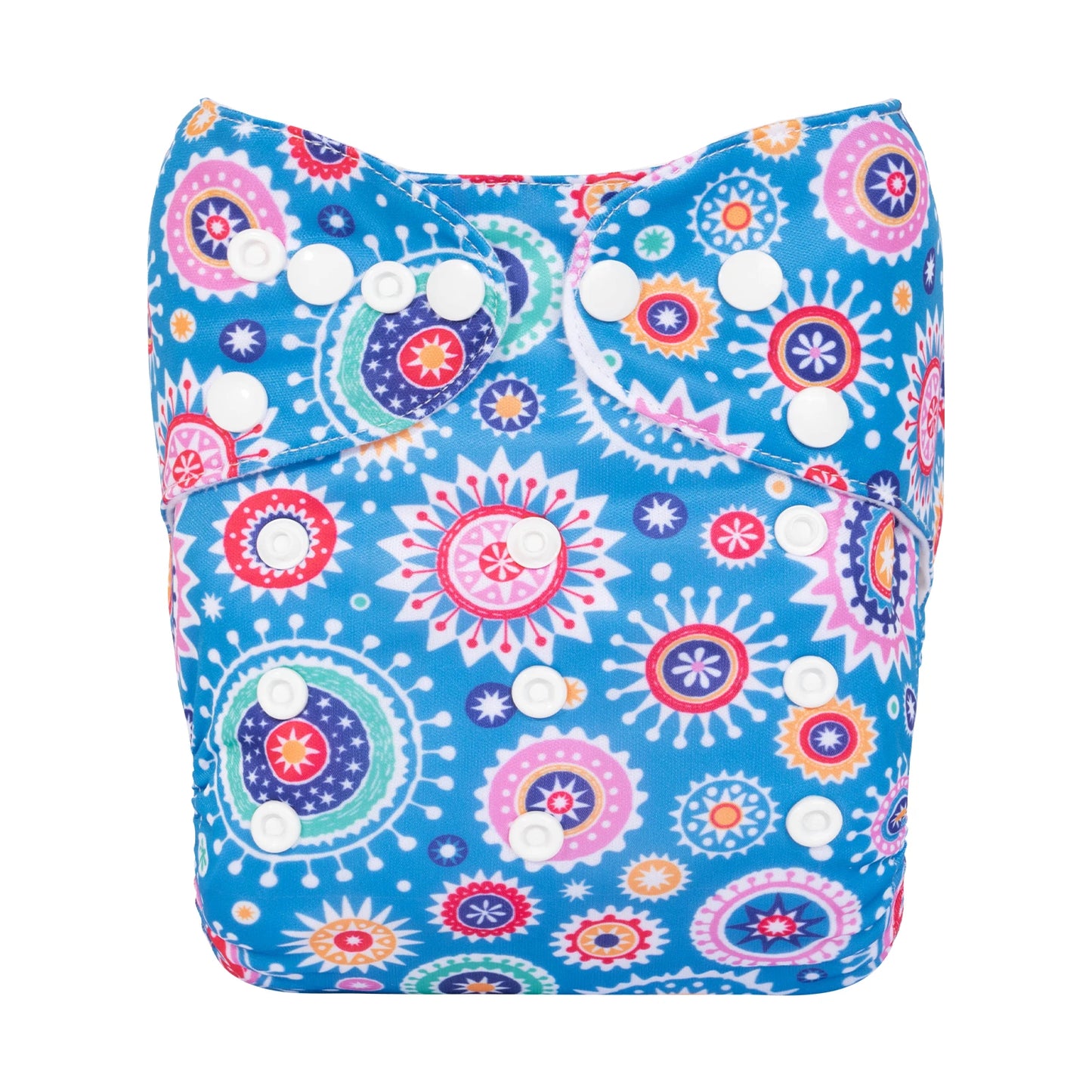 Colorful reusable cloth diaper with vibrant circular and starburst patterns on a blue background. Features adjustable white snap buttons for a snug fit.