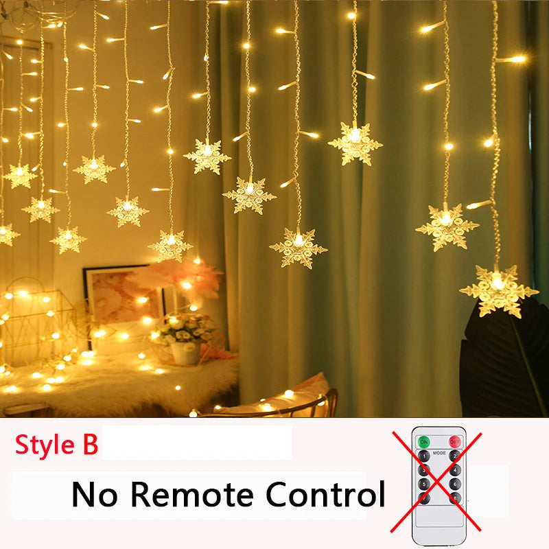 Hanging star string lights illuminate a cozy room with warm white glow, featuring a plant and decor. Note reads "Style B, No Remote Control" with an image of a crossed-out remote.