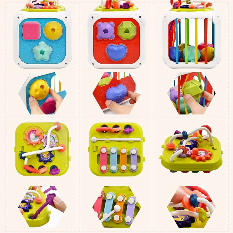 Multifunctional baby activity cube featuring shape sorters, colorful xylophone, bead maze, and locking mechanisms, designed to enhance fine motor skills and sensory development.