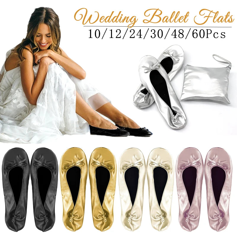 Bride in a white dress wearing black ballet flats. Various colored ballet flats displayed below in black, gold, cream, and pink with a silver pair and matching pouch above.
