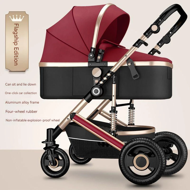 Elegant stroller with a red canopy and gold aluminum frame. Features include reclining seat, one-click folding, rubber wheels, and explosion-proof tires. Labeled “Flagship Edition.”