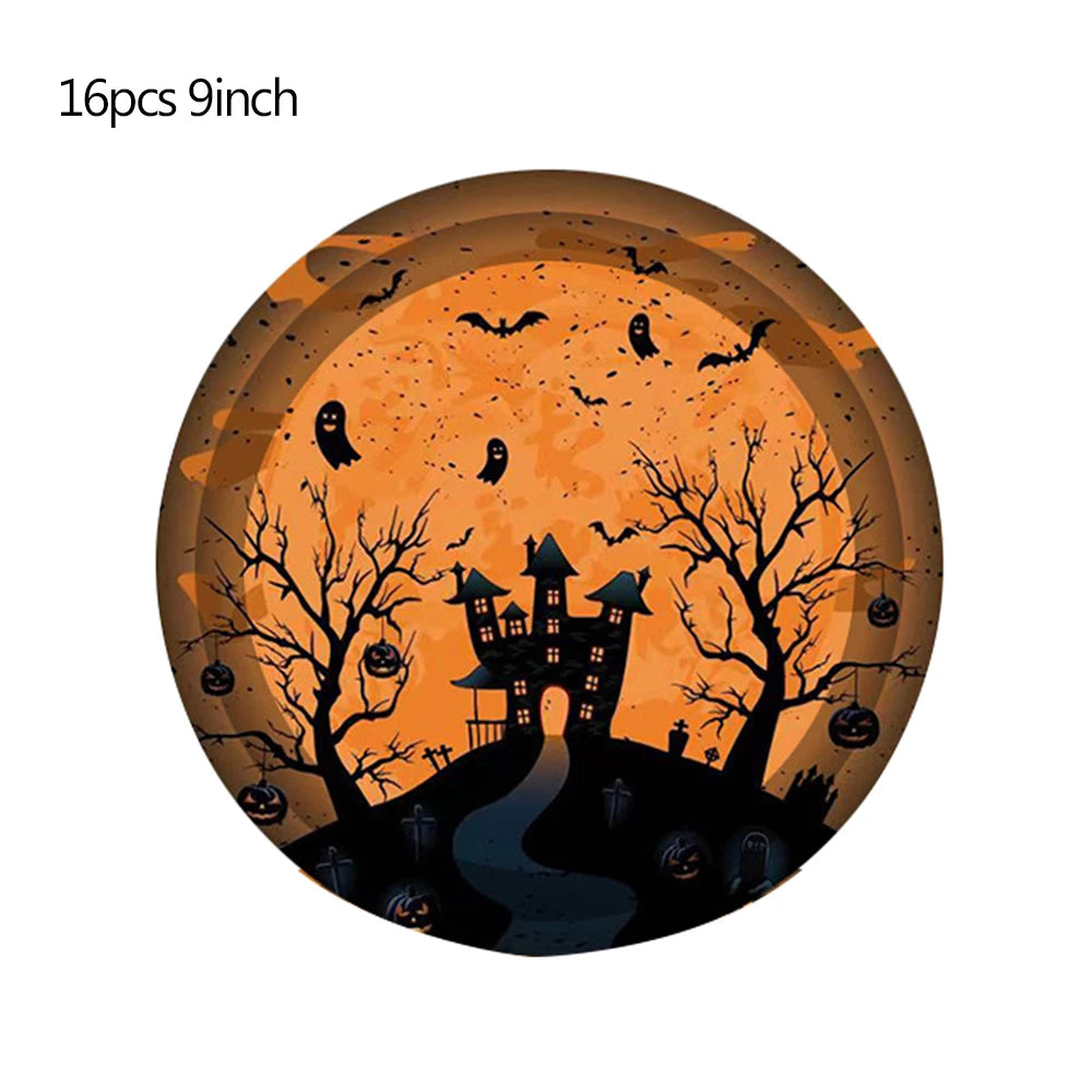 Halloween-themed paper plate with a haunted house, silhouetted trees, flying bats, ghosts, and pumpkins against an orange full moon. Text reads "16pcs 9inch."