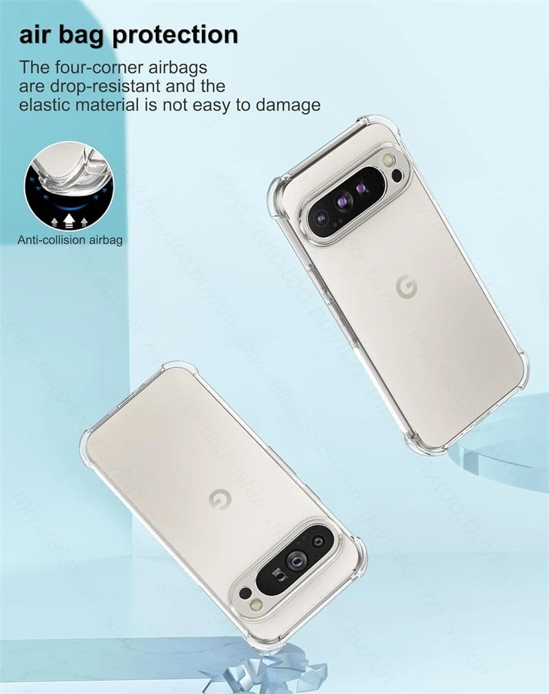Clear phone case with airbag corners showcased. Features include drop resistance and elastic material for durability. Two phones depicted, highlighting camera and anti-collision detail.