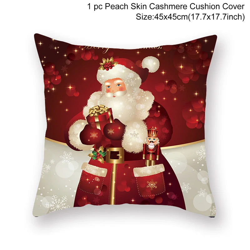 Festive pillow cover featuring Santa Claus holding a gift and nutcracker, set against a red, snowy background with decorative patterns. Size: 45x45cm (17.7x17.7 inches).