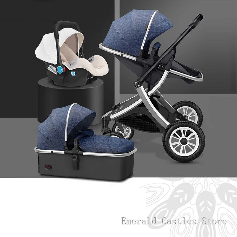 Three-in-one travel system featuring a car seat, carrycot, and stroller in blue and black, displayed against a dark background with a floral design watermark.