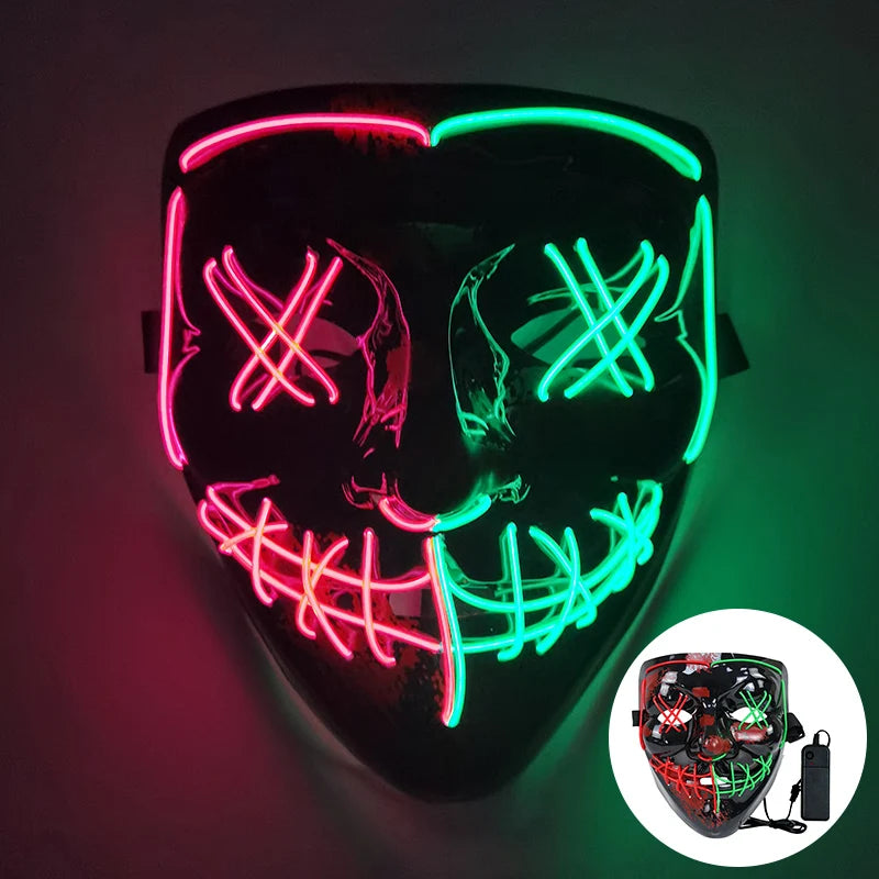 LED mask with neon pink and green lights forming an eerie smile and crossed-out eyes on a dark background. A round inset shows the mask with a control switch.