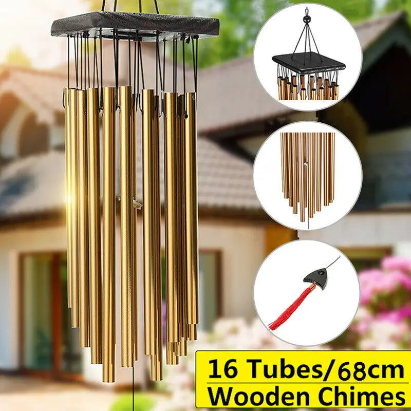 Gold wind chimes with 16 metal tubes hang outdoors. Inset images show detailed views of the chimes and a hanging hook. Text reads "16 Tubes/68cm Wooden Chimes."