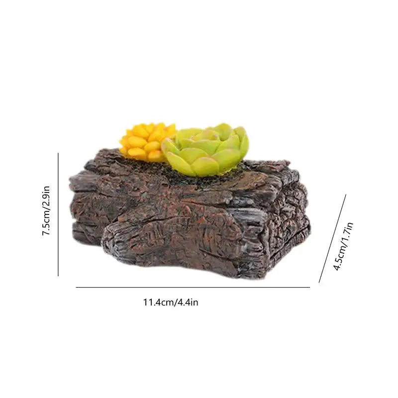 A decorative resin log with two succulent plants on top, one green and one yellow. Dimensions are 11.4 cm long, 7.5 cm high, and 4.5 cm wide.