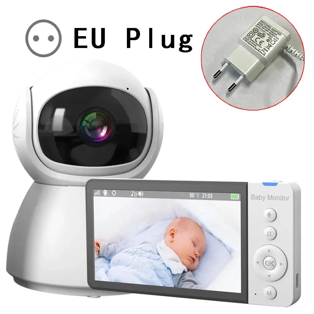 White baby monitor with a camera and screen showing a sleeping baby. Includes control buttons on the side. Text at top reads "EU Plug" with an image of the plug adapter.