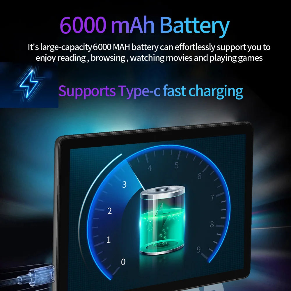 "Image displaying a 6000 mAh battery icon with a gauge, highlighting Type-C fast charging support, suitable for reading, browsing, and watching movies efficiently."