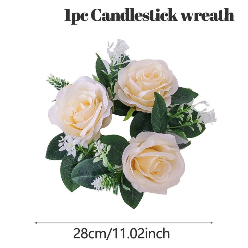 Cream rose wreath with green leaves and small white flowers, measuring 28cm (11.02 inches) in diameter, labeled as a candlestick wreath.