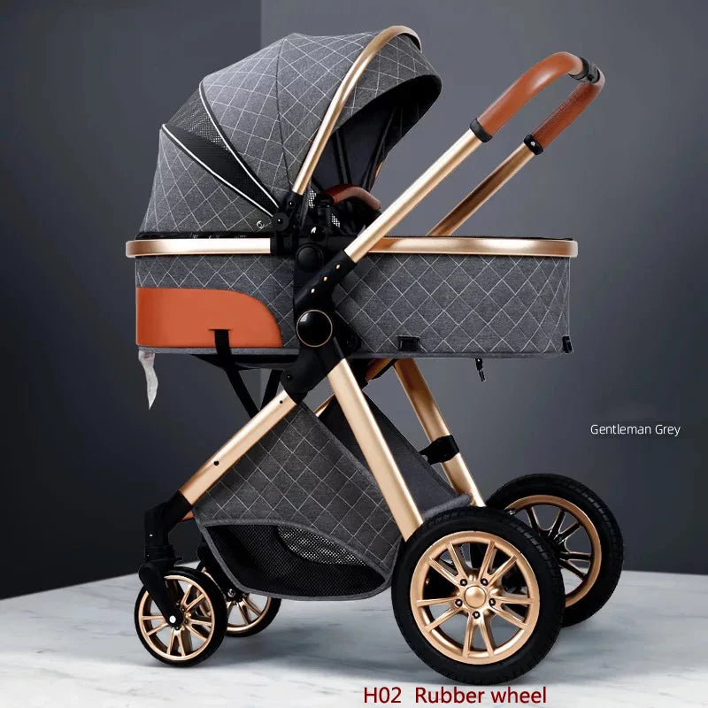 Luxurious stroller in Gentleman Grey with a quilted canopy and brown accents, featuring a sleek gold frame and rubber wheels on a marble floor.
