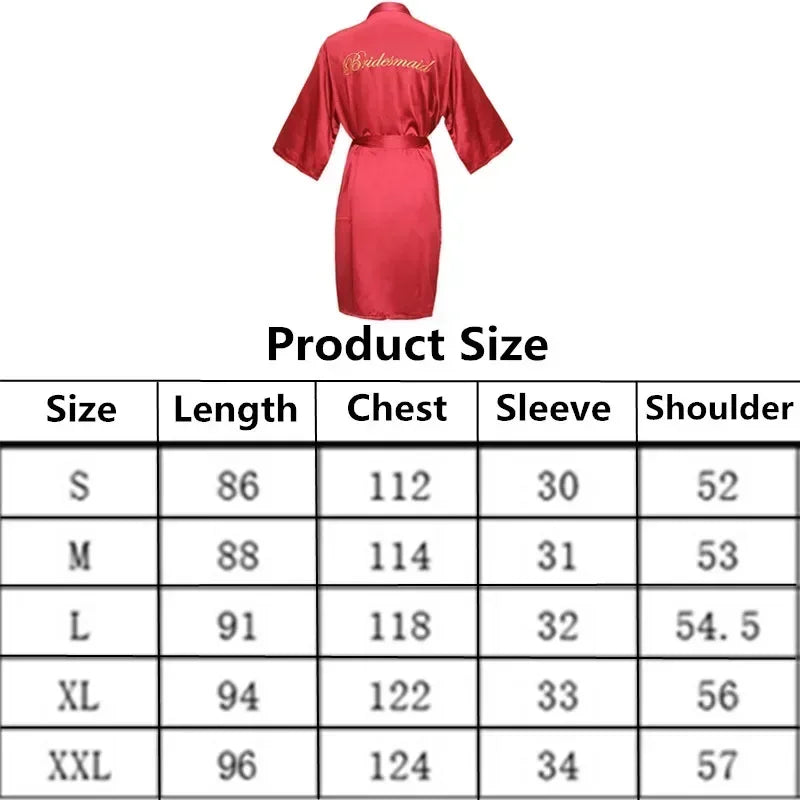 Red bridesmaid robe with gold embroidery on the back. Below is a size chart showing measurements for sizes S to XXL, including length, chest, sleeve, and shoulder.