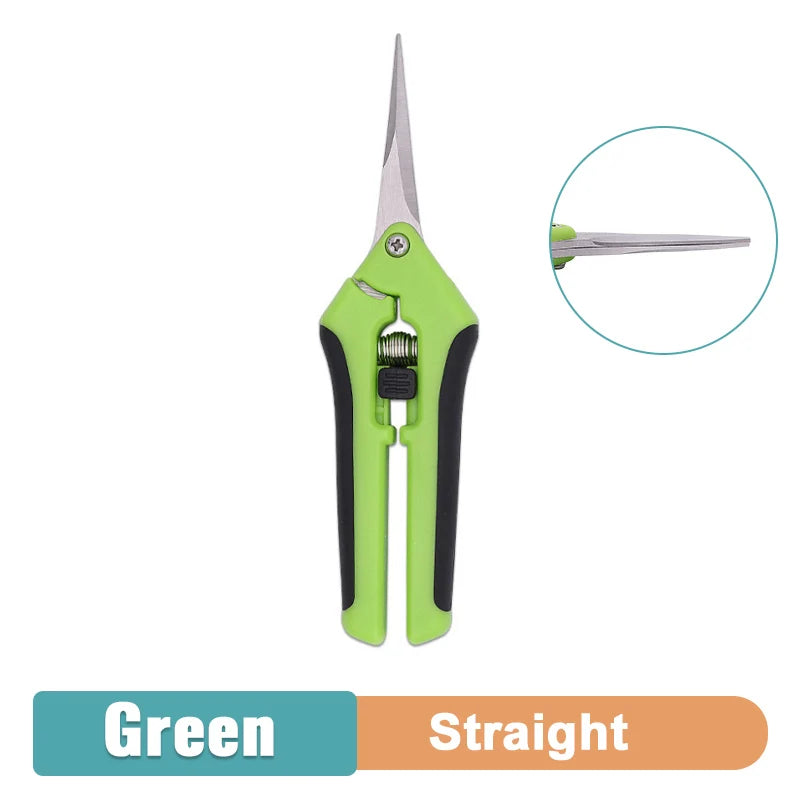 Green garden pruning shears with black grips and straight stainless steel blades. Inset shows a close-up of the blades highlighted in a circular frame.
