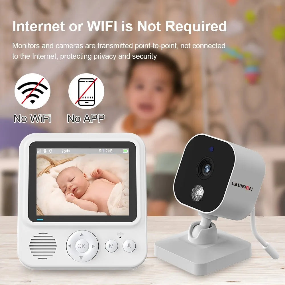 Baby monitor display showing a sleeping infant, paired with a camera. Text states "Internet or WIFI is Not Required." Symbols indicate "No WiFi" and "No APP" needed.