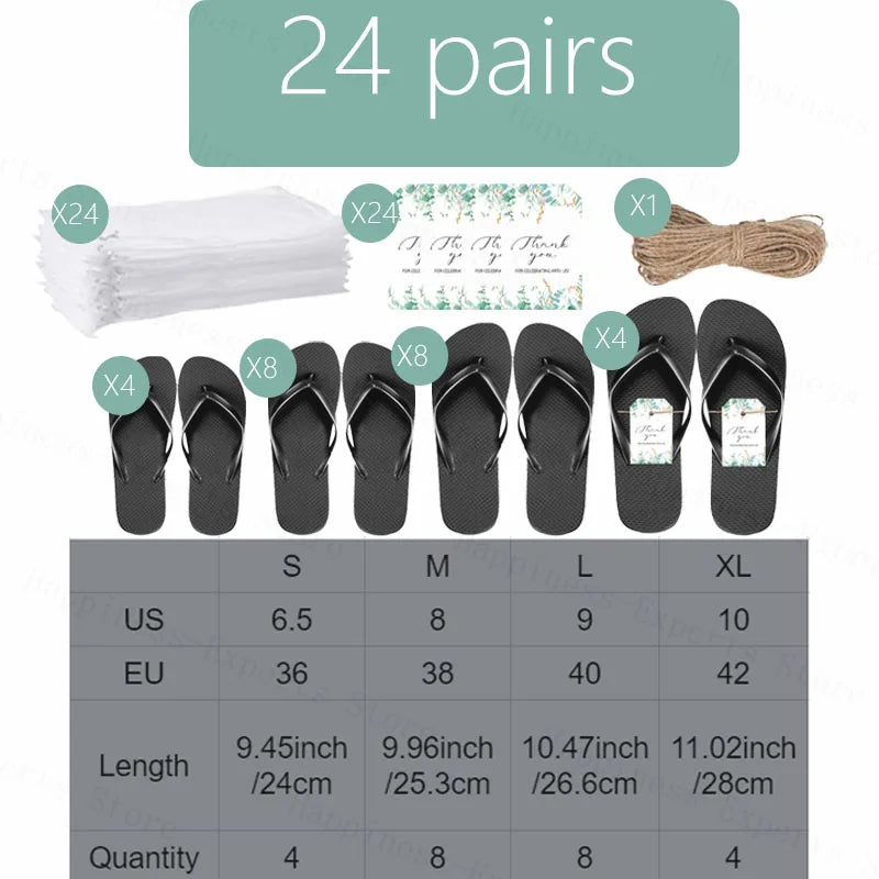 A set of 24 pairs of black flip-flops in sizes S to XL with bags, tags, and twine. Sizes are detailed with US, EU measurements, and quantities for each size listed.