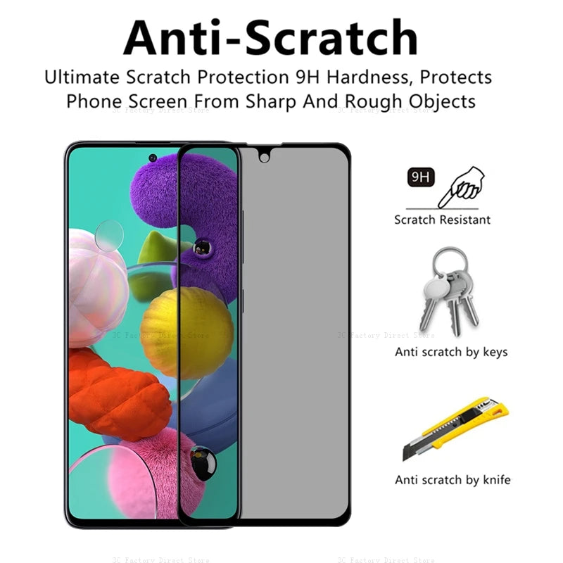 Screen protector advertisement highlighting 9H hardness and anti-scratch protection. Shows a phone with protector, and images of keys and a knife to illustrate resistance.