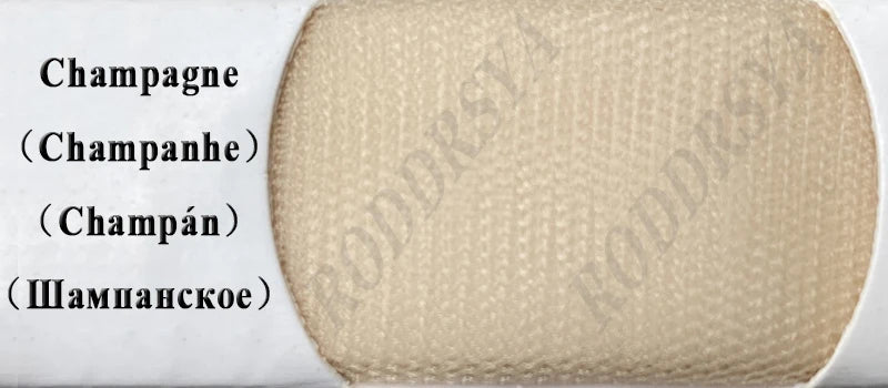 Close-up of a textured beige fabric, labeled "Champagne" in four languages: French, Portuguese (Champanhe), Spanish (Champán), and Russian (Шампанское).