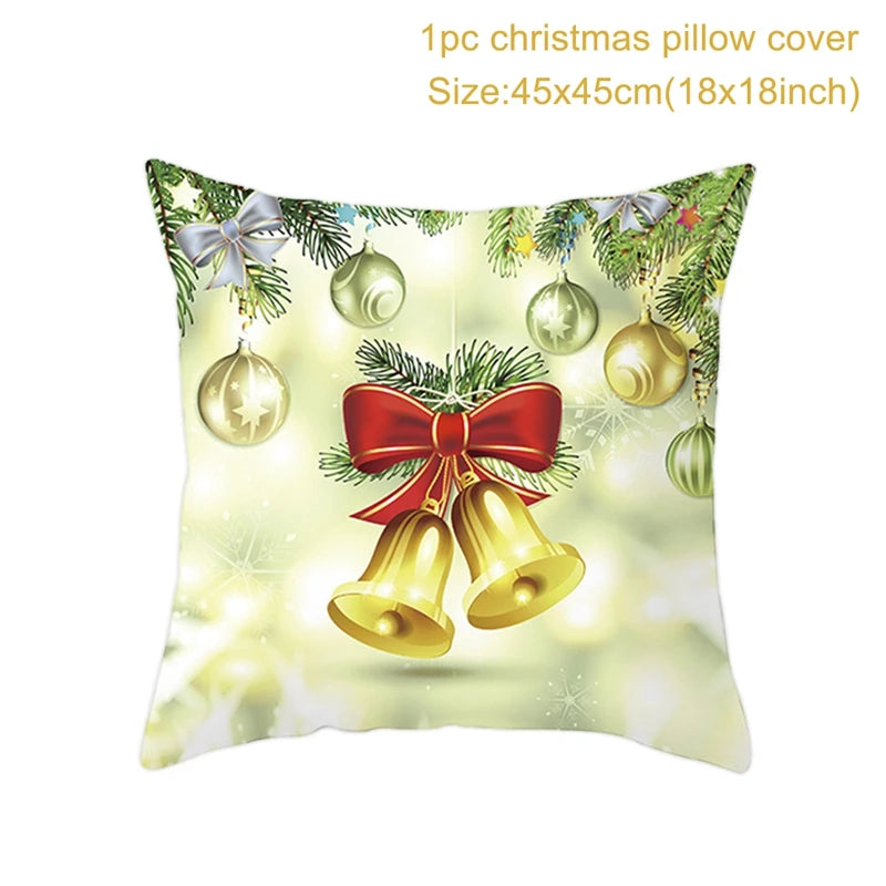 Christmas pillow cover with festive design featuring green, gold, and silver ornaments, pine branches, and golden bells tied with a red ribbon. Size: 45x45cm (18x18 inches).