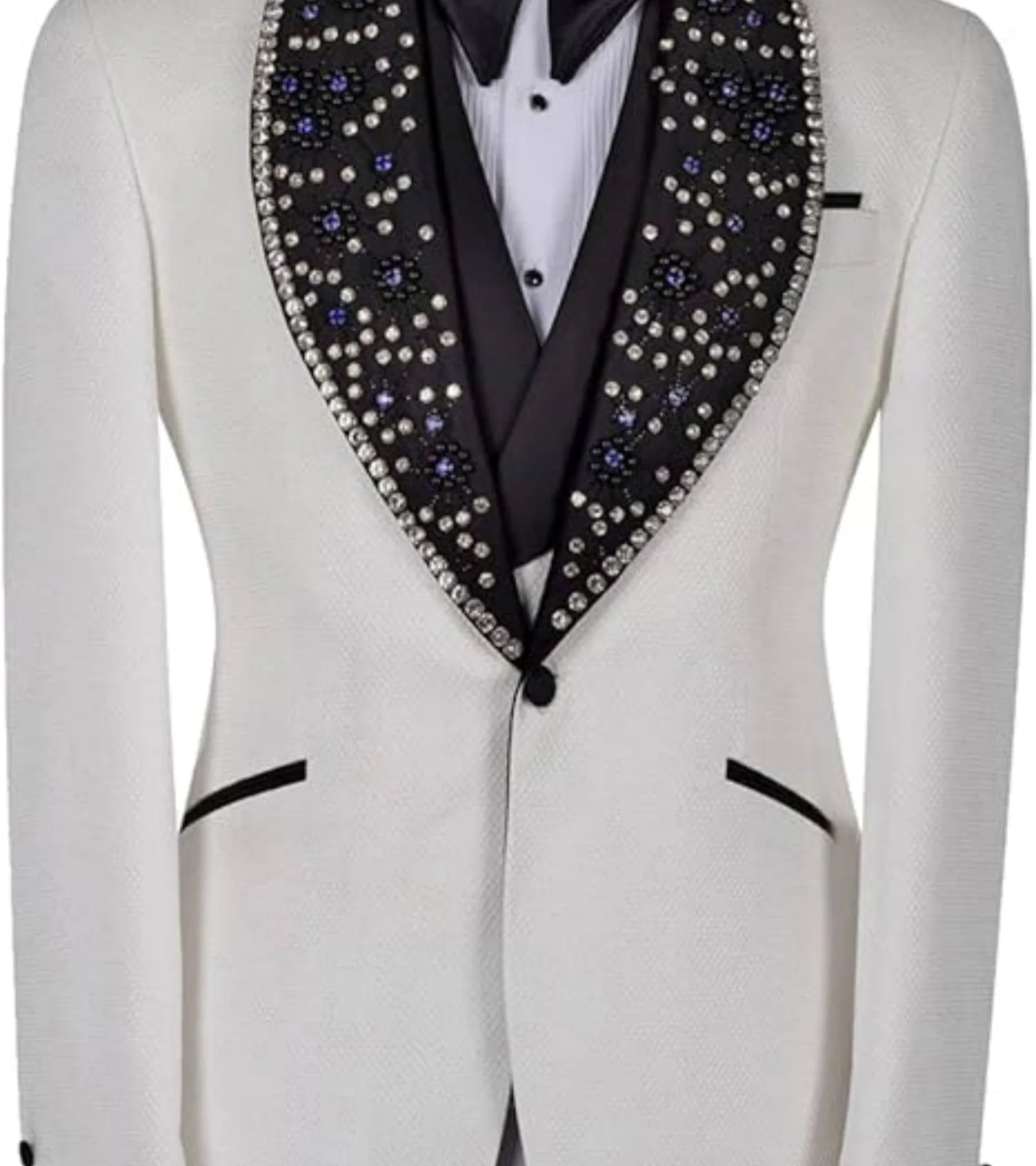 White suit jacket with black embellished lapels featuring blue and silver accents. The jacket has black pocket details and is layered over a shirt with a black buttoned center.