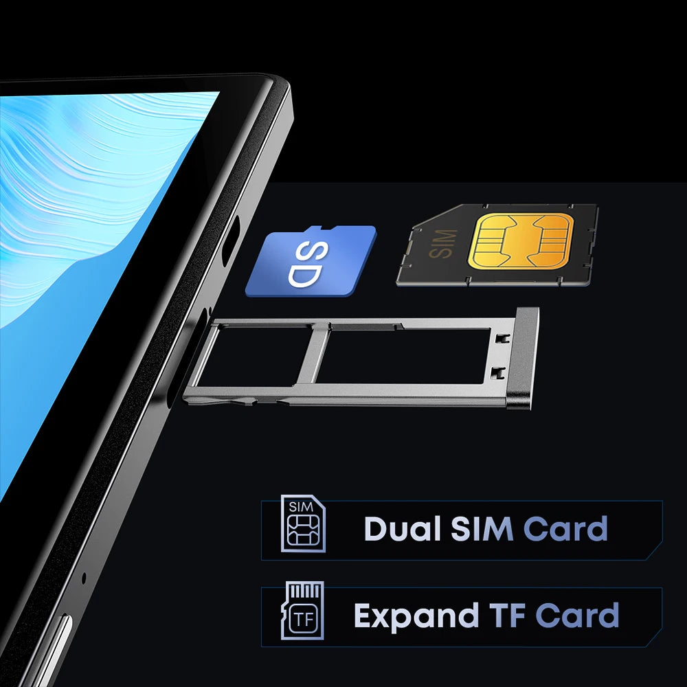 Smartphone with a dual SIM card tray and space for expandable TF card storage. SIM and SD cards are shown next to the open tray, highlighting dual SIM and TF card features.