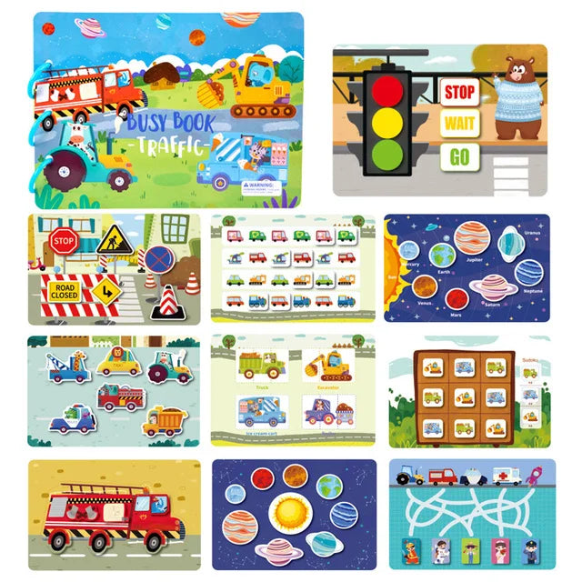 Colorful children's busy book pages featuring traffic scenes, signs, vehicles, a traffic light with a bear, and space-themed images with planets and the sun.