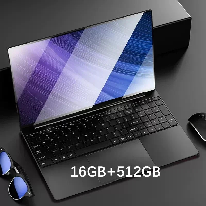 Sleek black laptop with a colorful screen showing diagonal stripes, 16GB RAM, 512GB storage. Sunglasses and a wireless mouse nearby on a dark surface.
