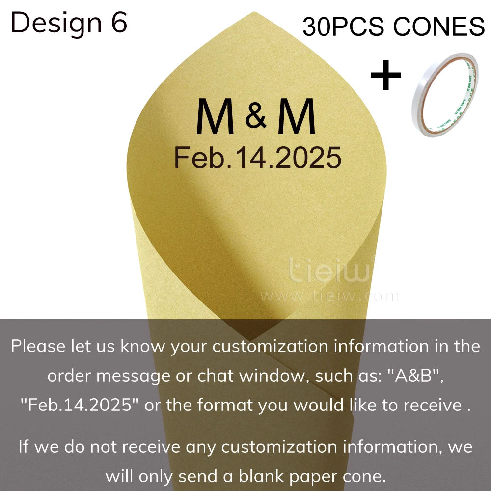 Gold paper cone labeled "M&M Feb.14.2025" with a roll of tape next to it. Customization instructions are provided below, mentioning blank cones if info isn't given.
