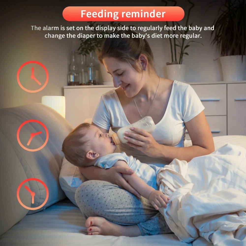 A smiling woman feeds a baby with a bottle, sitting on a bed. Clocks and text overlays emphasize a feeding reminder. The room is softly lit, creating a cozy atmosphere.