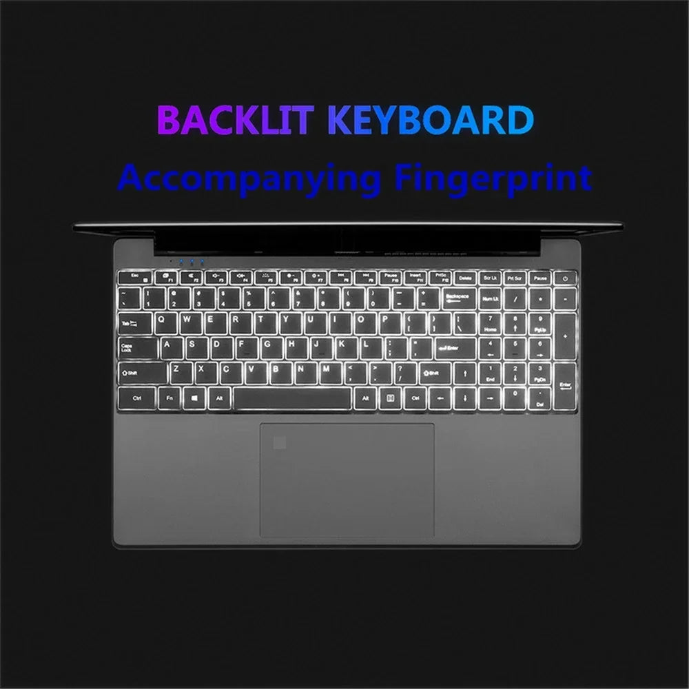 Top view of a laptop with a backlit keyboard on a black background. The text "BACKLIT KEYBOARD" and "Accompanying Fingerprint" is displayed above in colorful letters.