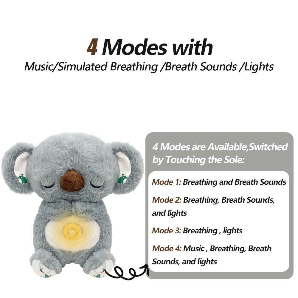 Gray koala plush with four interactive modes: breathing sounds, breath sounds with lights, breathing with lights, and music. Modes are switched by touching the sole.