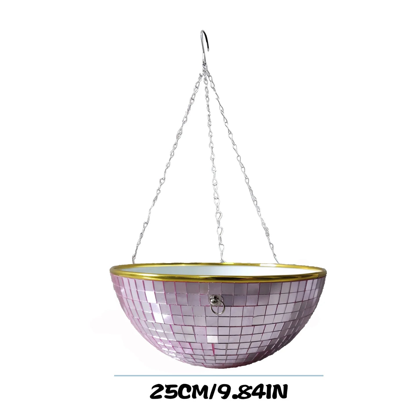 Hanging pink mosaic half-sphere planter with gold rim and silver chain, measuring 25 cm (9.84 in) in diameter.