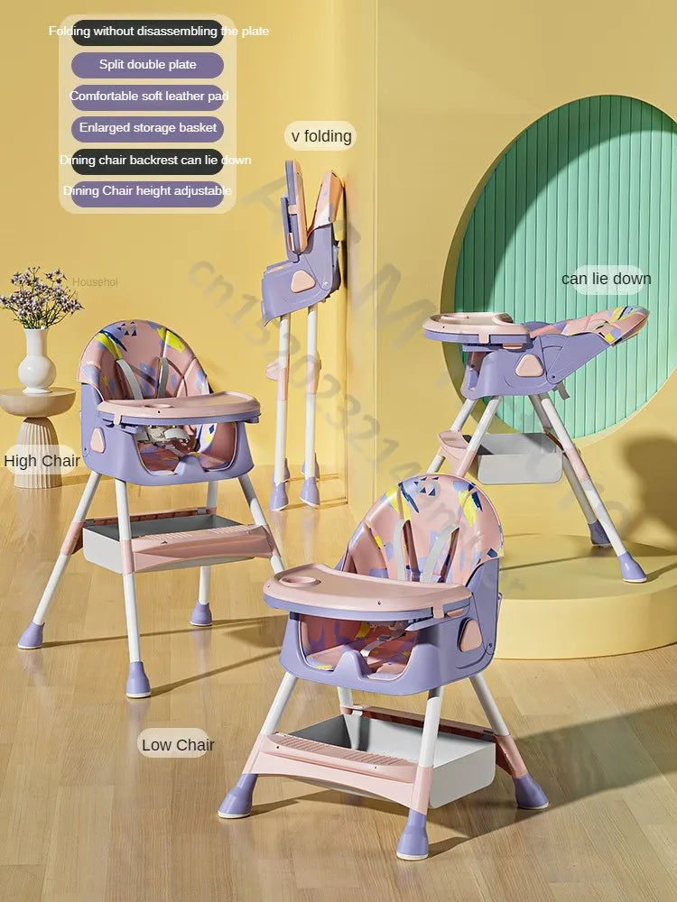 Multifunctional baby chair in pastel colors, shown as a high chair, low chair, and reclined position. Features include adjustable backrest, storage basket, and foldable design.