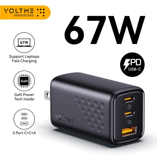 Black VOLTME 67W fast charger with GaN technology, featuring three ports: two USB-C and one USB-A. Supports laptop fast charging. PD USB-C logo visible.