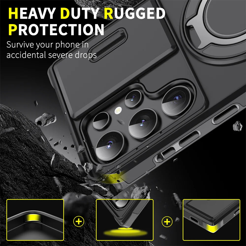 Heavy-duty black phone case with rugged protection for accidental drops. Features a close-up of the camera lens area, highlights on shock absorption, and reinforced corners.