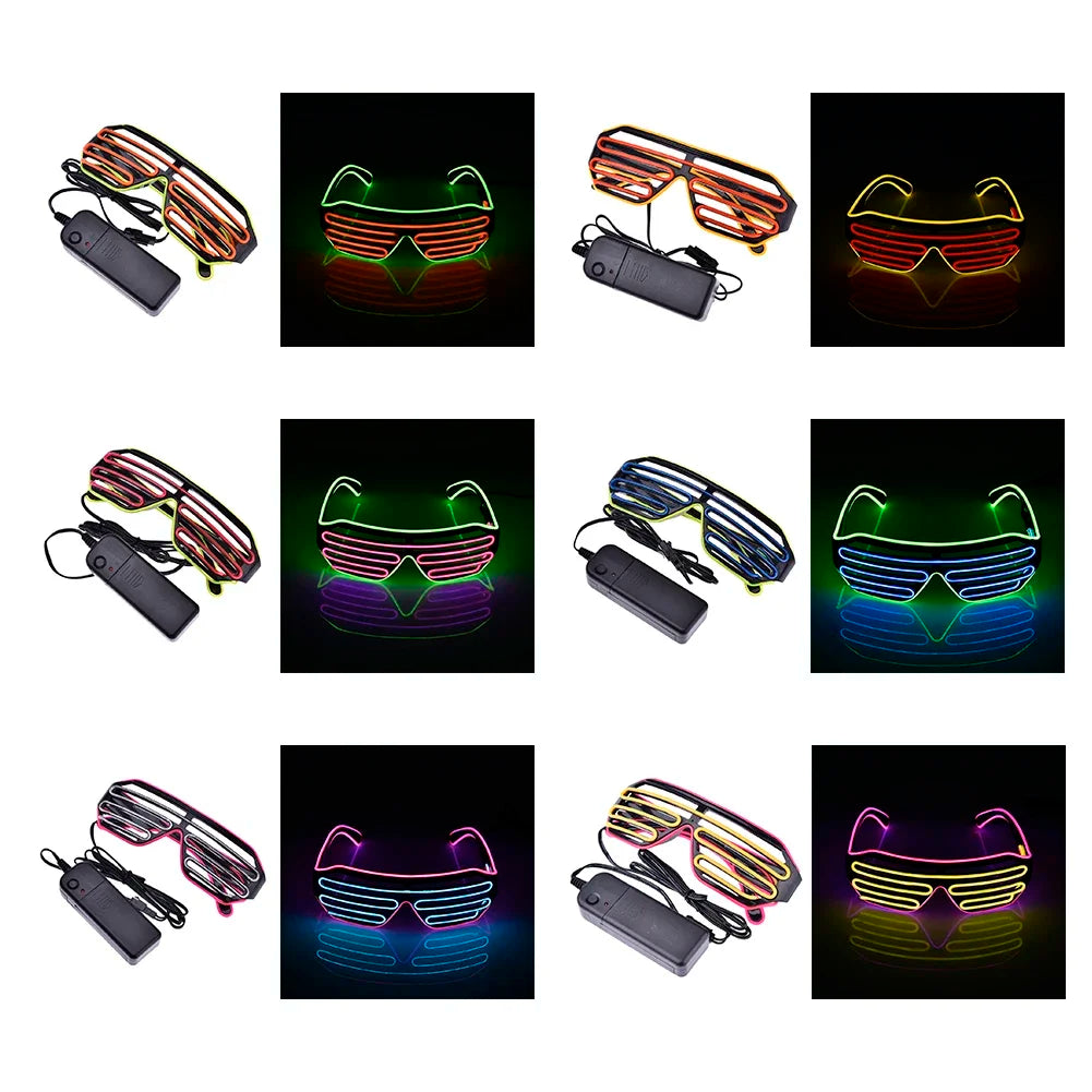 A grid of colorful LED shutter sunglasses with attached battery packs. Each pair shows varied lit colors including red, green, blue, and yellow on a black background.