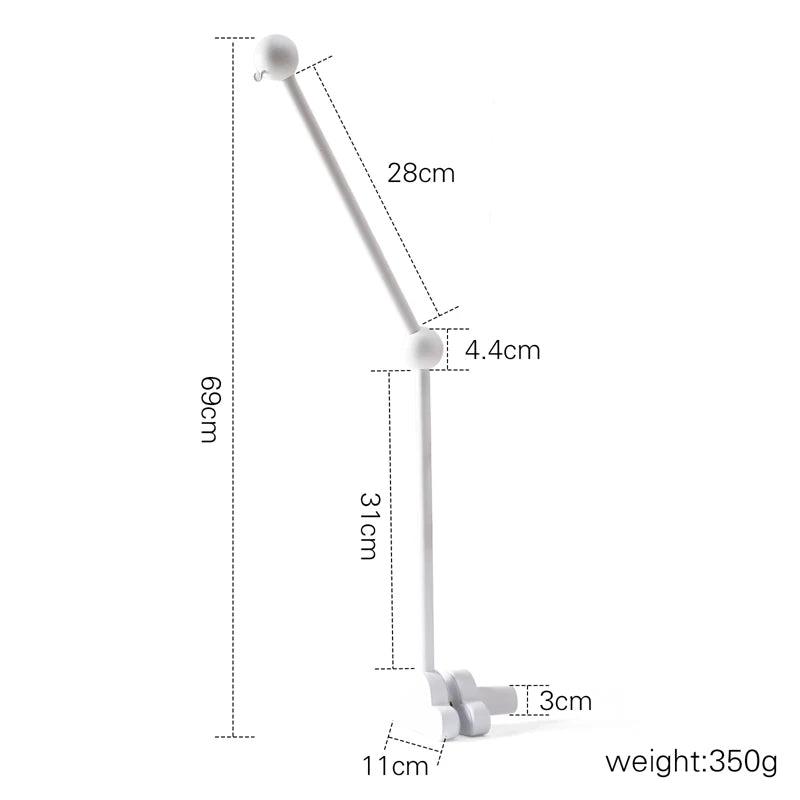 White adjustable arm with two joints, dimensions marked: 69cm height, 28cm top segment, 31cm middle segment, 4.4cm joint, 11cm base, 3cm width. Total weight: 350g.