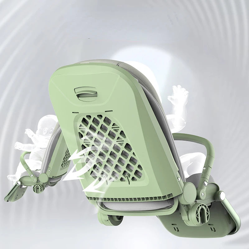 A green baby seat with a mesh back for airflow and a reclining feature. The image highlights ventilation with white arrows and features the faint outline of a baby.