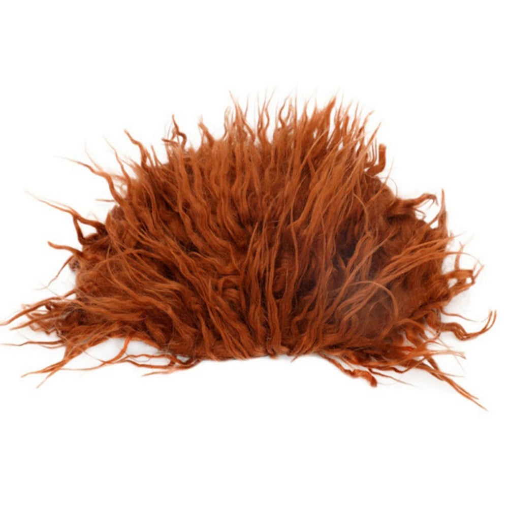 A wild, bushy wig of unruly, reddish-brown hair with tousled, shaggy strands set against a plain white background.