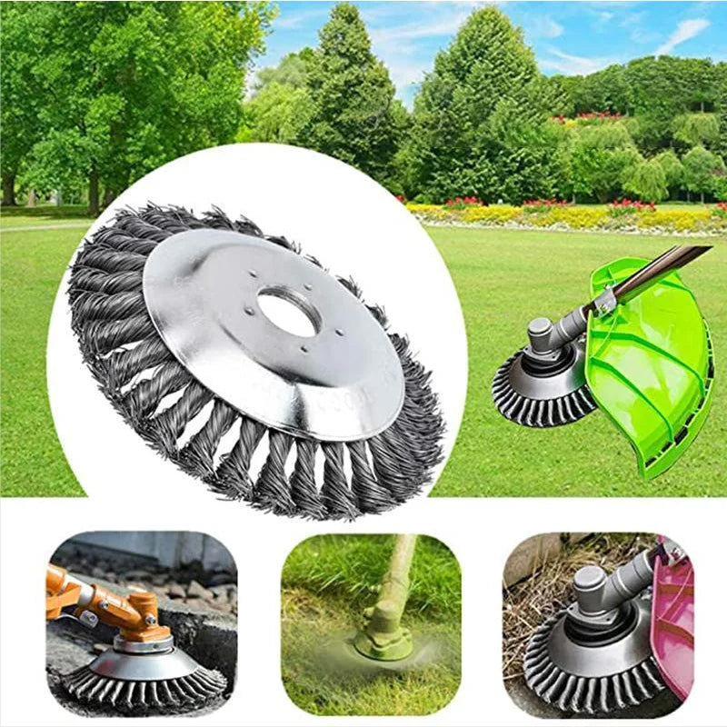 Metal trimmer head with twisted wire brush, used for lawn edging and clearing surfaces. Shown in various applications on grass and pavement, under a bright blue sky.