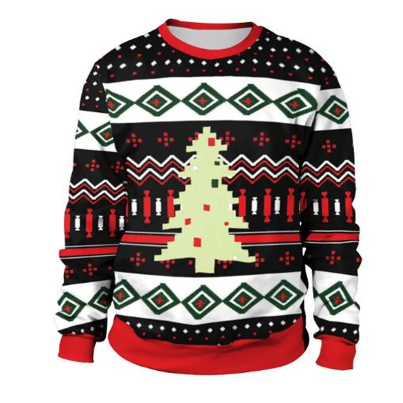 Festive sweater with a pixelated Christmas tree design. Features black, red, green, and white geometric patterns, with red collar and cuffs.