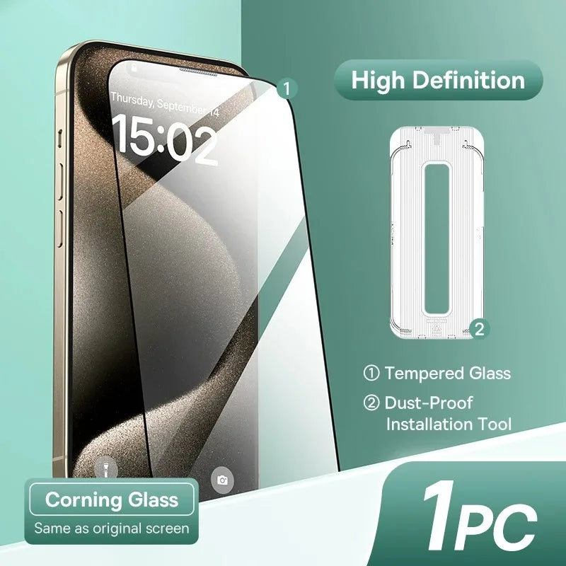 Tempered glass screen protector for a smartphone, labeled "High Definition" and "Corning Glass." Includes dust-proof installation tool. Text displays time and date, "1 PC" highlighted.