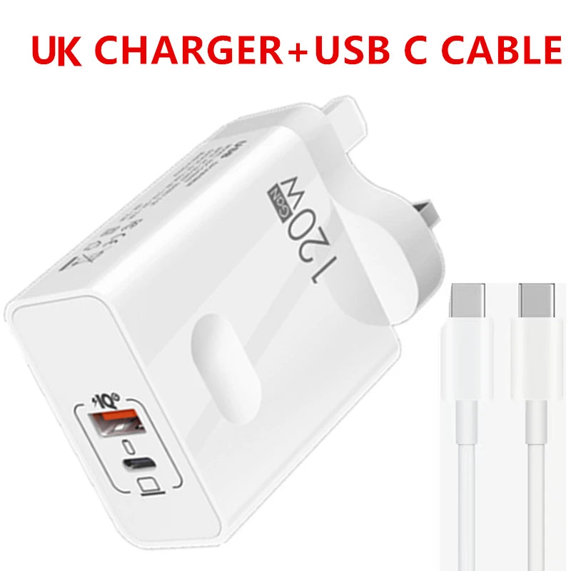 White 120W UK charger with dual USB ports and a USB-C cable. Text above reads "UK CHARGER+USB C CABLE" in bold red letters. Includes two USB-C connectors.