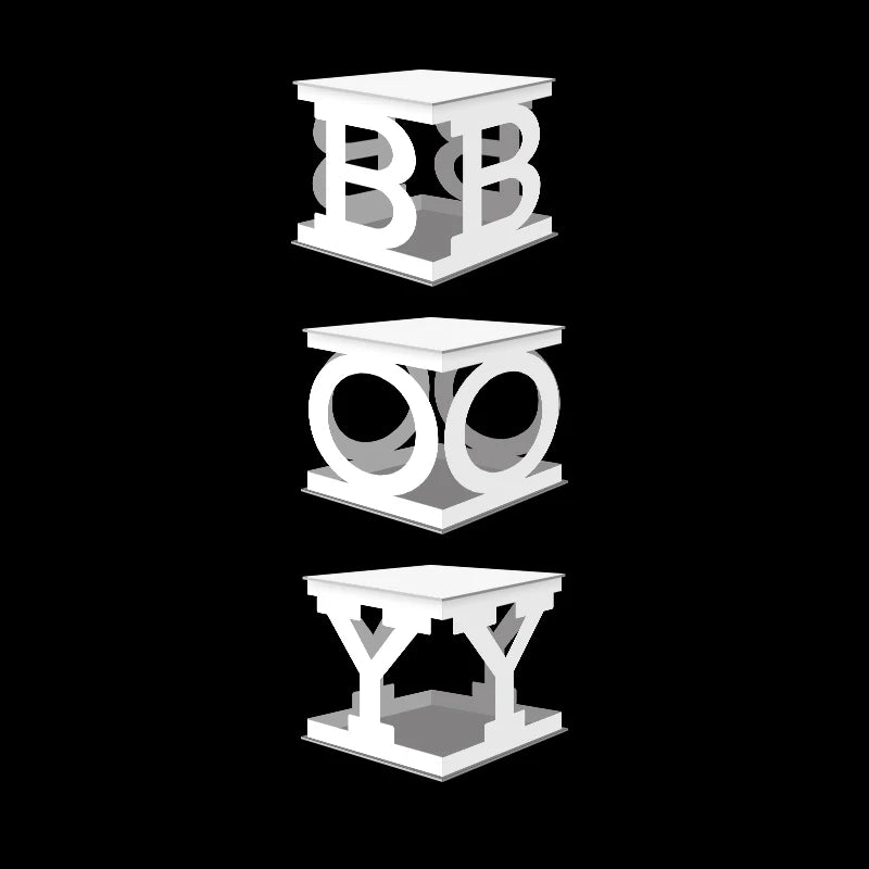 Three white cubic structures with cut-out letters: "BB" on top, "OO" in the middle, and "YY" at the bottom, set against a black background.